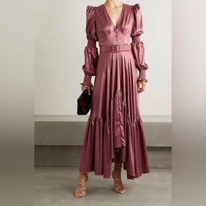 PATBO Belted Asymmetric Satin-Jacquard Dress Midi Long Sleeve Size 2